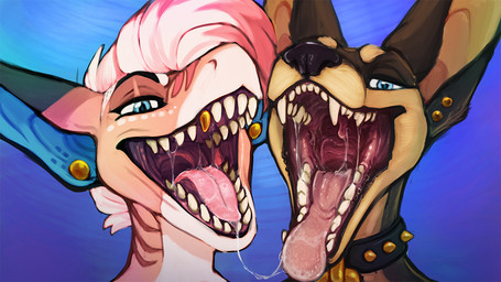 anthro black_body black_collar blue_eyes bodily_fluids collar duo ear_piercing ear_stud fangs female glistening glistening_eyes gold_(metal) gold_tooth hair looking_at_viewer mouth_shot narrowed_eyes open_mouth piercing pink_body pink_hair saliva saliva_on_tongue saliva_string simple_background spiked_collar spikes tan_body teeth unsigned uvula white_body acidic aquatic canid canine canis dobermann domestic_dog fish mammal pinscher shark 16:9 widescreen