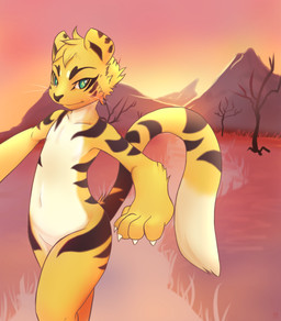ambiguous_gender anthro big_hands biped black_body black_fur black_nose blonde_hair claws detailed_background fur green_eyes hair looking_at_viewer mountain naughty_face navel outside plant pose sky solo standing stripes sunset tail tree whiskers white_body white_fur white_whiskers wide_hips yellow_body yellow_fur rudragon felid mammal pantherine tiger 2013 absurd_res hi_res