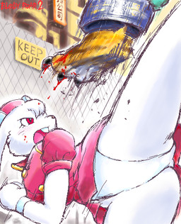 anthro blood bodily_fluids breasts building clothed clothing duo female fence fight fur hair hat headgear headwear kick male male/female open_mouth panties pink_clothing raised_leg red_eyes sign text underwear upskirt white_body white_fur yellow_body yellow_fur g-sun bloody_roar konami alice_nonomura long_the_tiger felid lagomorph leporid mammal pantherine rabbit tiger