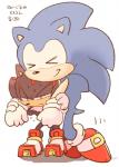 >_< anthro bodily_fluids clothing duo eyes_closed footwear gloves handwear holding_object male plushie shoes simple_background sweat text white_background sikai sega sonic_the_hedgehog_(series) shadow_the_hedgehog sonic_the_hedgehog eulipotyphlan hedgehog inanimate_object mammal japanese_text