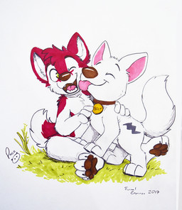 ambiguous_feral ambiguous_gender anthro arm_tuft black_markings brown_collar brown_pawpads chest_tuft closed_smile collar duo eyes_closed feral front_view fur grass logo male male_anthro markings mouth_closed nude pawpads pink_inner_ear plant red_body red_fur shoulder_tuft sitting smile tail tuft white_body white_fur white_tail young young_anthro young_male pandapaco canid canine mammal 2017 artist_logo dated signature