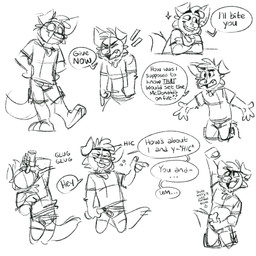 alcohol beverage bottomwear boxer_briefs cargo_shorts cheering clothing dialogue drinking drunk eyes_closed fist_in_the_air frustrated gesture hand_gesture hands_on_hips male open_mouth pockets pointing shorts simple_background smile solo sound_effects substance_intoxication teeth_showing text underwear white_background tinydeerguy matt_riskely canid canine canis domestic_dog mammal 1:1 english_text hi_res monochrome sketch