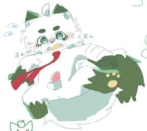 accessory anthro anus balls blush blush_lines dipstick_ears dipstick_tail ear_markings front_view fur genitals green_body green_ear_tips green_eyes green_fur green_hands green_tail_tip half-erect head_tuft lying male markings multicolored_body multicolored_ears multicolored_fur necktie penis red_necktie simple_background solo tail tail_markings text tuft two_tone_body two_tone_fur white_arms white_background white_body white_ears white_fur white_tail ranshinumeda334 hatogaya canid canine canis mammal wolf 2025 japanese_text