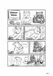 chibi clothed clothing cooking female flower male messy plant text topless koshkio mega_(character) rose_(koshkio) canid canine canis domestic_cat felid feline felis mammal wolf comic english_text hi_res monochrome