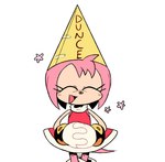 anthro clothing dunce_cap eyes_closed female fur happy hat headgear headwear pink_body pink_fur shitpost simple_background smile solo thin_thighs white_background spinstellar sega sonic_the_hedgehog_(series) amy_rose eulipotyphlan hedgehog mammal 2023 hi_res meme