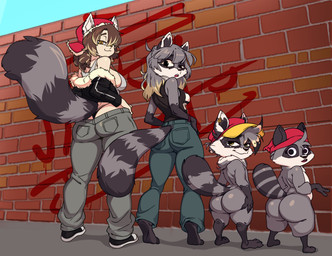 anthro beanie butt butt_focus clothed clothed_anthro clothed_humanoid clothing female female_human feral group hat headgear headwear lineup looking_back mikixvt nude_anthro raccoon_ears raccoon_tail size_difference thong underwear wall_(structure) young youtube_hispanic youtuber sdamhp furry_scale miki_(miko's_trash_can) miko's_trash_can human humanoid mammal procyonid raccoon absurd_res hi_res