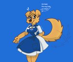 anthro apron blue_eyes blush bottomwear clothing dress eyelashes female flower_dress fluffy fluffy_tail fur greeting grocery_store skirt smile solo tail tail_motion tailwag text white_clothing white_dress yellow_body yellow_fur sticostudios kroger_corporation fan_character kroger_doggo_(sticostudios) bird_dog canid canine canis domestic_dog golden_retriever hunting_dog mammal retriever absurd_res english_text hi_res