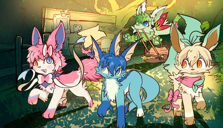 3_fingers 3_toes amber_eyes ambiguous_gender bag blue_body blue_eyes blue_fur blue_nose bow_ribbon cheek_tuft chest_tuft dagger detailed_background facial_tuft feet female fence feral fingers flower fur grass green_body green_fur green_hair group hair heterochromia items knife male melee_weapon open_mouth paper pawpads paws pink_body pink_fur pink_nose plant ribbons scarf signboard tan_body tan_fur toes tongue tree tuft weapon white_body white_fur xsolar_soulx nintendo pokemon pokemon_mystery_dungeon spike_chunsoft isabel_(sylveon) marian_(leafeon) mazzie_(vaporeon) yulia_(shaymin) eeveelution generation_1_pokemon generation_4_pokemon generation_6_pokemon leafeon legendary_pokemon pokemon_(species) shaymin sky_forme_shaymin sylveon vaporeon 2025 absurd_res hi_res