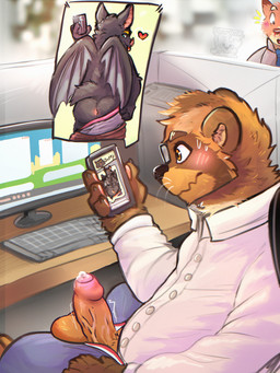 anthro anus back_wings balls big_balls black_body black_fur black_nose black_tail blonde_eyebrows blue_bottomwear blue_clothing blue_pants blush bodily_fluids bottomwear bottomwear_down brown_body brown_bottomwear brown_clothing brown_fur brown_pants butt camera_flash cellphone chair clothed clothing computer computer_keyboard cubicle desk duo electronics erection eyebrows eyewear foreskin fur furniture genital_fluids genitals glasses green_eyes heart_symbol holding_cellphone holding_object holding_phone holding_smartphone humanoid_genitalia humanoid_penis leaking_precum looking_at_cellphone looking_at_object looking_at_phone male monitor office office_chair office_desk pants pants_down partially_clothed penis phone precum presenting presenting_anus presenting_hindquarters purple_clothing purple_underwear seductive shirt smartphone table tail taking_picture taking_selfie tenting text tongue tongue_out topwear underwear underwear_down vein veiny_penis wearing_glasses whiskers white_clothing white_shirt white_topwear wings yellow_eyes sharkall batty_(oxbridgetanuki) oxbridge_tanuki bat canid canine mammal raccoon_dog tanuki 2025 3:4 absurd_res character_name hi_res