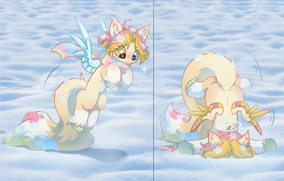 accessory blush feathered_wings feathers female feral flower flower_in_hair hair hair_accessory heterochromia hooves jumping looking_down outside plant scarf smile snow solo upside_down wings melodylibris hasbro my_little_pony mythology fan_character equid equine mammal mythological_creature mythological_equine pegasus absurd_res comic hi_res