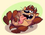 anthro autofellatio balls big_tongue bodily_fluids erection fur genitals licking male masturbation oral oral_masturbation penile penile_masturbation penis saliva simple_background smile solo teeth tongue tongue_out topony looney_tunes warner_brothers tasmanian_devil_(looney_tunes) dasyurid dasyuromorph mammal marsupial tasmanian_devil hi_res