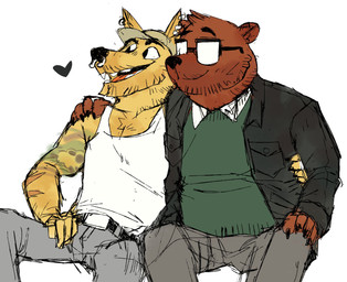 aged_up anthro belt bottomwear brown_body brown_fur clothing duo ear_piercing eyewear facial_piercing fur glasses hand_on_shoulder hat headgear headwear heart_symbol jacket male male/male nose_piercing pants piercing shirt simple_background sitting smile sweater tank_top tattoo topwear white_background white_clothing white_shirt white_tank_top white_topwear macholobo night_in_the_woods angus_delaney gregg_lee bear canid canine fox mammal 2024 colored_sketch hi_res sketch