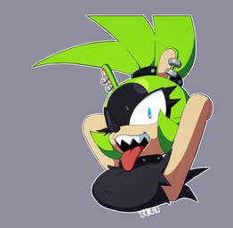 anthro big_breasts black_body black_clothing black_fur black_nose black_topwear blue_eyes breasts clothing collar ear_piercing eyelashes facial_markings female front_view fur green_body green_fur grey_background hands_behind_head head_markings looking_at_viewer markings one_eye_closed open_mouth open_smile piercing sharp_teeth simple_background smile solo studded_collar studs tan_body tan_fur teeth tongue tongue_out topwear wink winking_at_viewer theonehornedimp third-party_edit goldsden_(colorist) idw_publishing sega sonic_the_hedgehog_(comics) sonic_the_hedgehog_(idw) sonic_the_hedgehog_(series) surge_the_tenrec afrosoricid mammal tenrec absurd_res colored hi_res