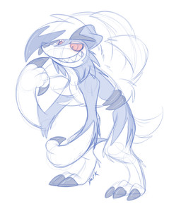 3_fingers 3_toes ambiguous_gender anthro back_mane bangs big_claws big_eyes big_hands biped black_nose blue_body blue_fur cheek_tuft chest_tuft claws countershade_face countershading digitigrade dipstick_ears ear_markings facial_tuft feet finger_claws fingers floppy_ears front_view fur gloves_(marking) hair leaning leaning_forward leg_markings long_arms looking_away mane markings multicolored_ears narrowed_eyes nude nude_ambiguous nude_anthro paws pose red_eyes semi-anthro sharp_teeth short_tail simple_background slim slim_ambiguous slim_anthro smile snout socks_(marking) solo tail teeth text three-quarter_view toe_claws toes toony toothy_grin tuft white_background white_body white_countershading white_mane yark-wark nintendo pokemon generation_7_pokemon lycanroc midnight_lycanroc pokemon_(species) artist_name sketch
