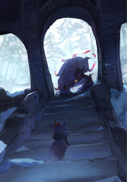 ambiguous_gender anthro claws duo evergreen_tree feral finger_claws forest fur glowing glowing_eyes grey_body grey_fur grey_hair hair looking_at_another plant quadruped snow stairs tail tree yellow_eyes chufflepop nintendo pokemon generation_5_pokemon generation_8_pokemon hisuian_form hisuian_zoroark pokemon_(species) regional_form_(pokemon) zorua 2025 hi_res shaded
