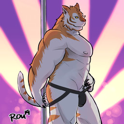 5_fingers abs anthro biped black_claws bulge claws clothing dancing fingers fur jockstrap male markings multicolored_body multicolored_fur muscular muscular_anthro muscular_male nipples orange_body orange_fur orange_stripes pecs pole pole_dancing pose seductive solo striped_markings striped_tail stripes tail tail_markings two_tone_body two_tone_fur underwear white_body white_fur white_tail radcanine felid feline mammal 2019 digital_media_(artwork) signature