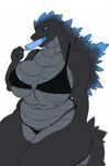 anthro areola areola_slip back_spikes belly big_breasts bikini bikini_bottom bikini_top black_bikini black_bikini_bottom black_bikini_top black_clothing black_swimwear blue_areola blue_eyes blue_tongue breasts clothed clothed_anthro clothed_female clothing countershading curvy_figure dark_sclera eyelashes female female_anthro fingers food front_view grey_body grey_countershading grey_skin holding_food holding_object holding_popsicle navel open_mouth open_smile popsicle popsicle_in_mouth popsicle_melting simple_background slightly_chubby slightly_chubby_anthro slightly_chubby_female smile solo spikes spikes_(anatomy) swimwear tail tongue two-piece_swimsuit white_background gatoradeew godzilla_(series) toho godzilla_(2014) kaiju monster scalie 2024 digital_drawing_(artwork) digital_media_(artwork) hi_res portrait three-quarter_portrait