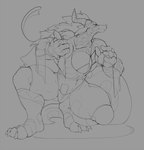 3_toes 4_fingers anthro armor bandage breasts crouching feet female fingers grey_background horn looking_up muscular muscular_female simple_background small_head solo tail toes freebird11 mythology dragon mythological_creature mythological_scalie scalie 2017 digital_media_(artwork) hi_res monochrome