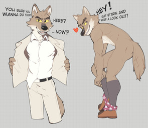 anthro bottomwear butt clothed clothing clothing_pull collared_shirt dialogue dress_shirt footwear footwear_only fur heart_symbol male mostly_nude pants partially_clothed shirt shoes shoes_only simple_background socks solo tail text topwear underwear underwear_around_ankles underwear_down undressing yellow_sclera jrjresq dreamworks the_bad_guys mr._wolf_(the_bad_guys) canid canine canis mammal wolf english_text hi_res
