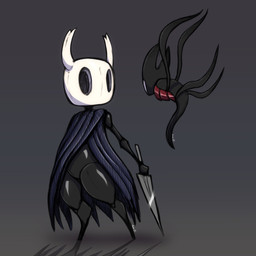 2_horns ambiguous_gender anthro biped black_body cloak clothing duo holding_melee_weapon holding_object holding_weapon hollow_eyes horn looking_at_another melee_weapon nail_(weapon) shadow standing weapon undeadkitty13 hollow_knight_(franchise) team_cherry grimmchild_(hollow_knight) the_knight_(hollow_knight) arthropod vessel_(species) 1:1 2026 hi_res signature
