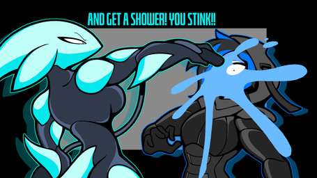 anthro big_breasts black_bodysuit black_clothing black_hair black_latex black_skinsuit blue_body blue_hair bodysuit breasts clothed clothed_anthro clothed_female clothed_male clothing dialogue duo female hair head_tail hood hoodie_bodysuit latex latex_bodysuit latex_clothing latex_skinsuit male multicolored_hair side_boob skinsuit tail teal_body text tight_clothing toy toy_gun two_tone_hair water water_gun rem_phase no_country_for_old_men annette_(rem_phase) equid equine fish horse mammal marine pony shark 2026 english_text hi_res