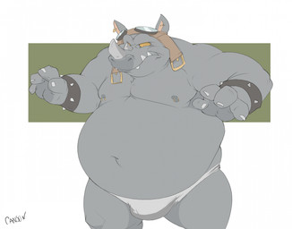 anthro belly big_belly briefs bulge clothing eyewear goggles grey_body horn male musclegut muscular muscular_male nipple_piercing nipples piercing solo thong underwear yellow_eyes canson teenage_mutant_ninja_turtles rocksteady mammal rhinoceros hi_res