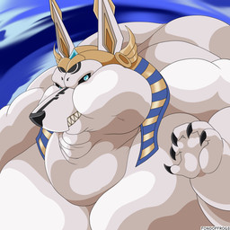 black_nose black_sclera blue_eyes double_chin fur male morbidly_obese morbidly_obese_male obese obese_male overweight overweight_male sharp_teeth teeth weight_gain white_body white_fur fondoffrogs blizzard_entertainment egyptian_mythology middle_eastern_mythology mythology overwatch anubis anubis_reaper reaper_(overwatch) canid canine canis deity jackal mammal hi_res