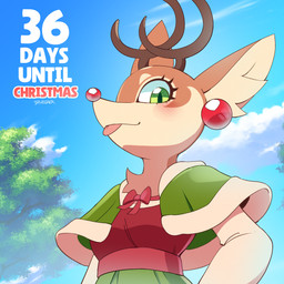 anthro antlers blep blush brown_body brown_fur clothing eyelashes female fur green_eyes horn inner_ear_fluff solo tan_body tan_fur text tongue tongue_out tuft drawligator renata_(drawligator) deer mammal new_world_deer reindeer 1:1 2025 english_text hi_res