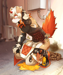1_horn 5_fingers anthro belt black_clothing black_topwear blush bodily_fluids boots butt clothing crouching eyes_closed fart feces feces_in_intestines feces_on_ground feces_pile fingers footwear fur genital_fluids genitals gloves hair hand_behind_head hand_on_knee hand_on_leg handwear horn inside internal large_intestine male multicolored_body multicolored_fur orange_body orange_fur penis red_horn shoes side_view solo tan_body tan_fur topwear two_tone_body two_tone_fur urine urine_pool utility_belt white_body white_fur white_hair x-ray_view endoudouhu canid canine canis domestic_dog mammal 2026 absurd_res hi_res