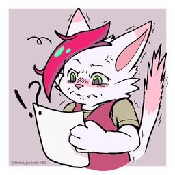 angry anthro bite biting_lip blush blush_lines clothed clothing confusion cross-popping_vein dipstick_ears ear_markings fur gold_button green_eyes hair hand_on_crotch holding_object holding_paper looking_at_paper male multicolored_ears paper pink_body pink_ear_tips pink_ears pink_eyes pink_fur pink_tail red_clothing red_hair remains shirt solo t-shirt tail topwear vest white_body white_ears white_fur white_tail young himo_peter0409 celluee_(himo_peter0409) domestic_cat felid feline felis mammal 1:1