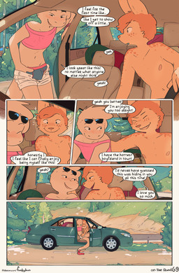 bulge car clothing kissing male male/male public text underwear vehicle conditional_dnp funkybun finn_(funkybun) nick_(funkybun) felid feline lizard mammal reptile scalie serval english_text hi_res