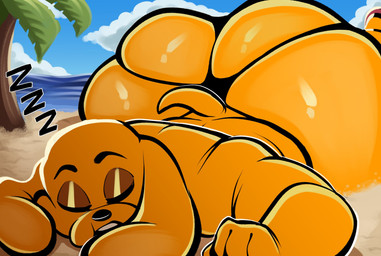 anthro beach bikini_thong clothing detailed_background male palm_tree plant sand sleeping sound_effects swimwear thong tree underwear vowelless vowelless_sound_effect zzz doeswhatever adventure_time cartoon_network jake_the_dog canid canine canis domestic_dog mammal hi_res