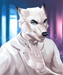 5_fingers anthro biped black_lips black_nails black_nose blue_eyes canid canine clothed clothing colored_nails eyebrows fingers fur hi_res lips looking_at_viewer male mammal nails portrait raised_hand seraphim_(artist) seraphimka_(artist) sneer solo white_body white_fur