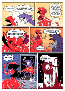 anthro bdsm bondage bound breasts dialogue dominant dominant_female duo encasement female holidays humiliation latex latex_body latex_skin male male/female profanity small_breasts speech_bubble text oddjuice halloween canid canine canis latex_creature living_latex mammal mustelid musteline true_musteline weasel wolf comic english_text hi_res