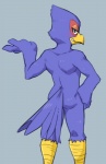 anthro beak biped blue_body blue_feathers blush butt feathers green_eyes grey_background hand_on_hip looking_at_viewer looking_back male nude raised_arm rear_view simple_background smile solo standing kemo_nuko nintendo star_fox falco_lombardi avian bird