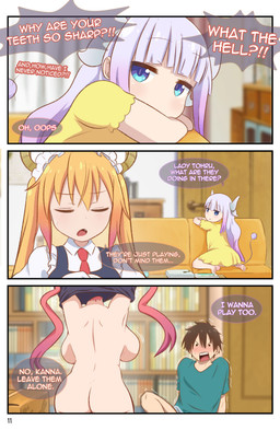 2_horns 3_panel_comic big_breasts blonde_hair blush blush_lines bottomwear bouncing_breasts breasts brown_hair clothed clothing curved_horn female furniture grey_horn hair horn huge_breasts humanoid_pointy_ears inside light-skinned_female long_hair maid_uniform male nude page_number partially_clothed pigtails pointy_ears pupils purple_hair purple_tail red_eyes red_hair short_hair skirt slit_pupils sofa speech_bubble tail tan_body tan_skin text tremble_lines tremble_spikes undressing uniform yellow_bottomwear yellow_clothing yellow_horn yellow_skirt yellow_sofa greatm8sfm miss_kobayashi's_dragon_maid mythology ilulu kanna_kamui taketo_aida tohru_(dragon_maid) animal_humanoid dragon dragon_humanoid human humanoid mammal mythological_creature mythological_scalie scalie 2023 absurd_res colored comic hi_res shaded