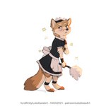 anthro barefoot biped black_nose blue_eyes blush brown_body brown_fur clothed clothing crossdressing dipstick_tail feet femboy fluffy fluffy_tail fur maid_uniform male markings open_mouth solo summer_pelt tail tail_markings tan_body tan_fur uniform letodoesart leto_(letodoesart) arctic_fox canid canine fox mammal true_fox 1:1