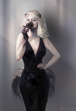 black_clothing black_dress blue_eyes cigarette clothing dress female grey_background hair hand_on_hip holding_cigarette holding_object looking_at_viewer mid_transformation simple_background smoking smoking_cigarette solo species_transformation transformation white_hair devergilia human mammal mephitid skunk 2021 digital_media_(artwork)