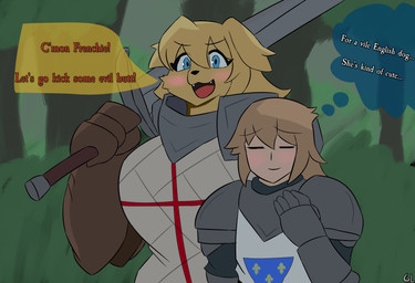 anthro armor blue_eyes blush brown_hair clothing crusader duo ears_down england eyebrows eyelashes female female_anthro forest france fur gauntlets gloves hair handwear human_on_anthro interspecies knight male male_human melee_weapon open_mouth pivoted_ears plant smile speech_bubble sword teeth teeth_showing text thinking thought_bubble tongue tree warrior weapon yellow_body yellow_fur gorgonwriting canid canine canis domestic_dog human mammal absurd_res hi_res