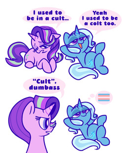 annoyed anthro blue_body blue_eyes blue_hair blue_horn blue_mane blue_tail cutie_mark dialogue duo eyelashes female frown hair hands_behind_head hands_behind_own_head hooves horn insult insulting_another lgbt_pride long_eyelashes looking_down mane multicolored_hair multicolored_mane multicolored_tail open_mouth pride_colors purple_body purple_eyes purple_horn relaxed_expression relaxing sad tail text thought_bubble transgender_pride_colors kyrakupetsky friendship_is_magic hasbro my_little_pony mythology starlight_glimmer_(mlp) trixie_(mlp) equid equine mammal mythological_creature mythological_equine unicorn 2026 colored digital_drawing_(artwork) digital_media_(artwork) english_text hi_res meme trans_(lore) trans_woman_(lore)