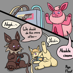 anus bodily_fluids butt cum dessert feral food genital_fluids grey_background group ice_cream machine male milking_machine penile penis_milking presenting presenting_hindquarters raised_leg simple_background sitting smile text trio ryothefloofeon absolute_cinema nintendo pokemon eeveelution flareon generation_1_pokemon ice_cream_creature jolteon pokemon_(species) vaporeon 1:1 digital_media_(artwork) english_text hi_res