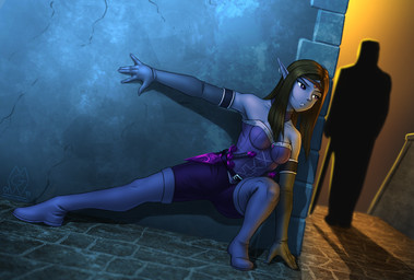 5_fingers armwear blue_body blue_skin boots breasts brown_hair choker clothed clothing crouching dagger detailed_background duo ear_piercing elbow_gloves female fingers footwear gloves green_hair hair handwear heterochromia humanoid_pointy_ears jewelry legwear long_hair melee_weapon necklace not_furry piercing pointy_ears purple_eyes shoes silhouette solo_focus spread_legs spreading stalker thigh_highs weapon mykegreywolf dark_elf elf humanoid 2019 absurd_res digital_media_(artwork) hi_res