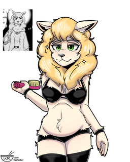 anthro belly bra clothed clothing female green_eyes legwear panties smile solo thigh_highs underwear underwear_only wool_hair udon_restocker beastars sebun_(beastars) bovid caprine domestic_sheep mammal merino_sheep sheep 4:5 absurd_res hi_res sketch