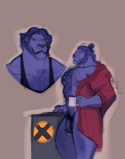 anthro bathrobe big_penis blue_body blue_fur blue_hair blue_nose body_hair chest_hair clothing coffee_cup container cup flaccid fur genitals hair male muscular muscular_male pecs penis robe solo topknot yellow_sclera burrserk marvel x-men beast_(marvel) felid lion mammal mutant_(x-men) pantherine hi_res