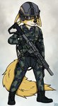 anthro armor brown_eyes clothing female fur gun headgear helmet military military_uniform ranged_weapon rifle solo tan_body tan_fur uniform weapon yellow_body yellow_fur ziegelzeig alpha_and_omega kate_(alpha_and_omega) canid canine canis mammal wolf 2023