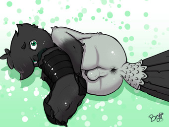 anthro anus backsack balls butt curled_up feathers feet flaccid foreskin fur genitals green_eyes grey_body grey_feathers grey_fur male mooning multicolored_body multicolored_feathers nude paws penis perineum presenting presenting_anus presenting_hindquarters solo two_tone_body two_tone_face two_tone_feathers urethra young young_anthro young_male bryya04 avian bird corvid corvus_(genus) crow hooded_crow oscine passerine 2025 4:3 absurd_res hi_res