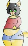 anthro belly big_belly black_hair blush bottomwear bulge clothing femboy fluffy fluffy_tail fur green_eyes hair looking_at_viewer male moobs navel overweight overweight_anthro overweight_male shorts simple_background solo sweater tail thick_thighs topwear yellow_body yellow_fur catsikune catsikune_(character) domestic_cat felid feline felis mammal