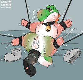 anal anthro anus balls bdsm bell bell_collar black_anus bodily_fluids body_part_transformation bondage bound breath clothing collar cowbell footwear genitals lactating looking_pleasured male panting penis puffy_anus shoes solo teats tongue tongue_out transformation udder_transformation udders conditional_dnp lustylamb mario_bros nintendo green_yoshi yoshi absurd_res hi_res