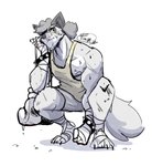 anthro bottomwear boxing_gloves claws clothing crouching fur handwear head_in_hands male markings muscular nipples shirt shorts solo spikes squatting_position tank_top toe_claws topwear frank_folf frank_the_folf hybrid hi_res