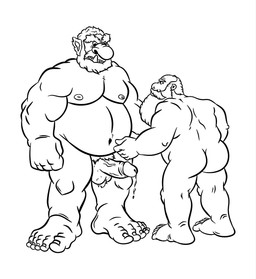 age_difference beard big_penis duo elderly facial_hair fantasy genitals male male/male moobs musclegut muscular older_male penis size_difference slightly_chubby slightly_chubby_male tusks oganok dwarf humanoid orc hi_res monochrome